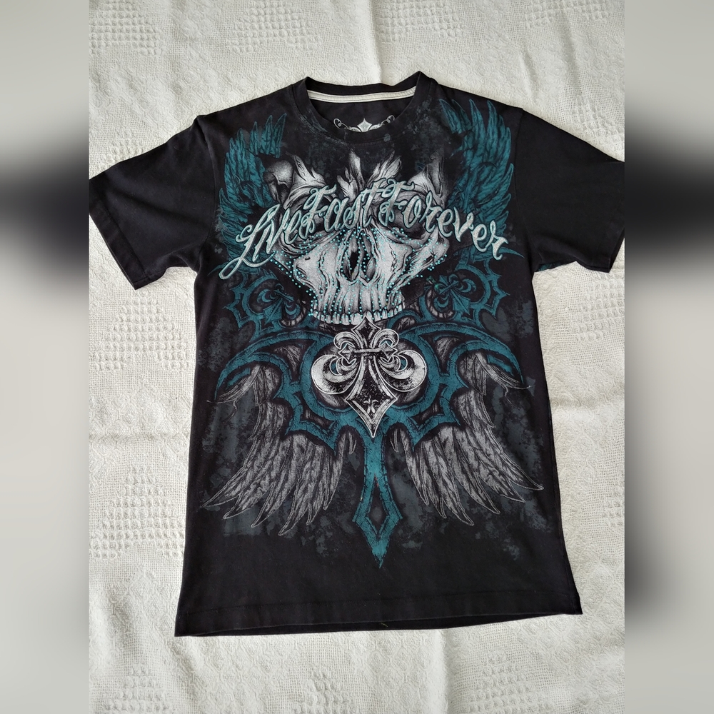 Super Cool Trendy Edgy Grunge Y2K Skull T Shirt With Turquoise Rhinestones